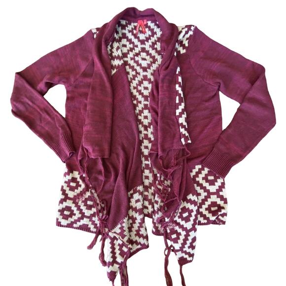 Red Camel Women’s Burgundy/Cream Fringe Waterfall Open Cardigan Size Medium - Picture 4 of 7